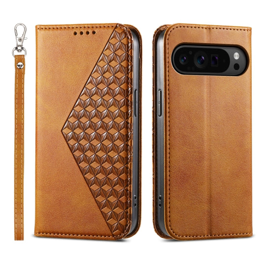 For Google Pixel 9 Pro Cubic Grid Calf Texture Magnetic Leather Phone Case(Yellow) - Google Cases by buy2fix | Online Shopping UK | buy2fix