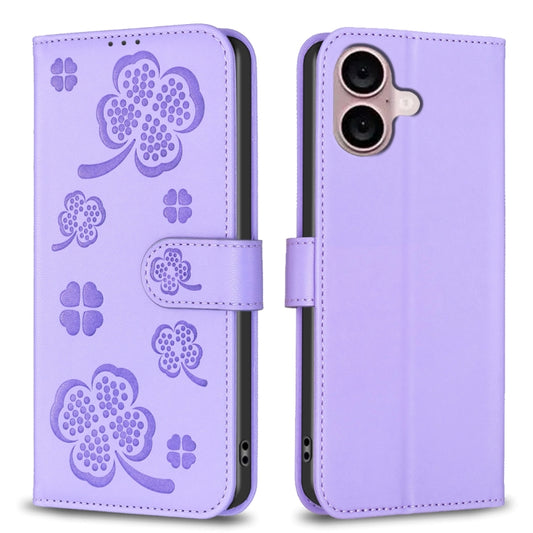 For iPhone 16 Plus Four-leaf Embossed Leather Phone Case(Purple) - iPhone 16 Plus Cases by buy2fix | Online Shopping UK | buy2fix