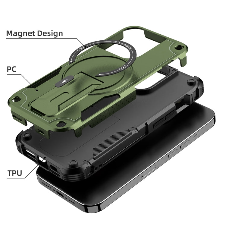 For iPhone 14 MagSafe Holder Armor PC Hybrid TPU Phone Case(Army Green) - iPhone 14 Cases by buy2fix | Online Shopping UK | buy2fix