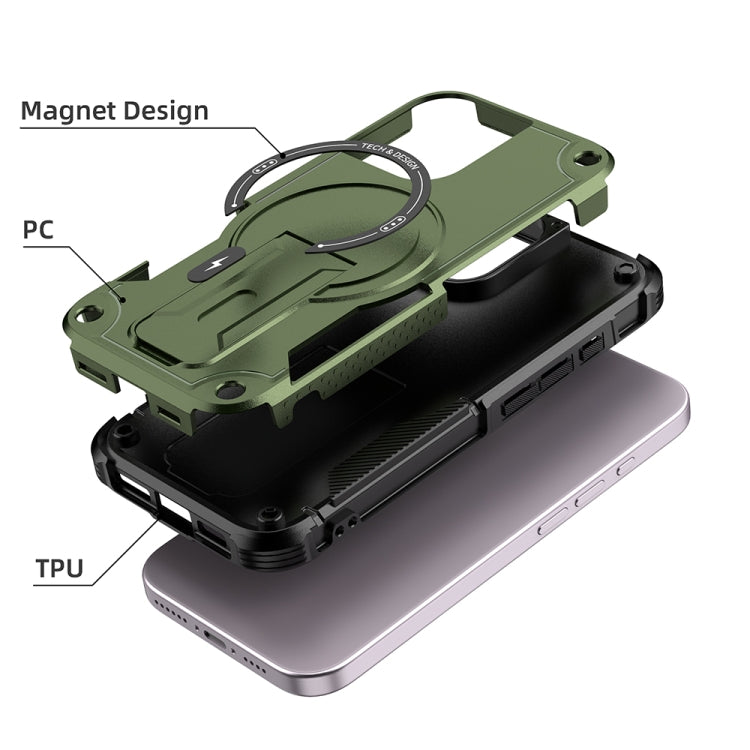 For iPhone 16 Armor Magsafe Holder PC Hybrid TPU Phone Case(Army Green) - iPhone 16 Cases by buy2fix | Online Shopping UK | buy2fix