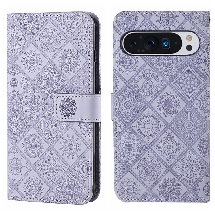 For Google Pixel 9 Pro XL Ethnic Style Embossed Pattern Leather Phone Case(Purple) - Google Cases by buy2fix | Online Shopping UK | buy2fix