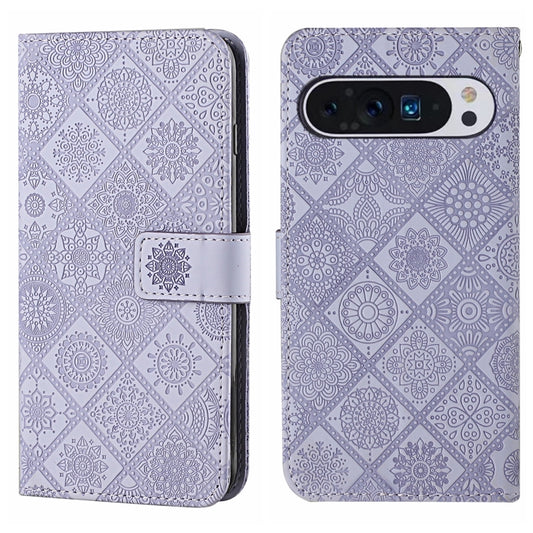 For Google Pixel 9 Pro XL Ethnic Style Embossed Pattern Leather Phone Case(Purple) - Google Cases by buy2fix | Online Shopping UK | buy2fix