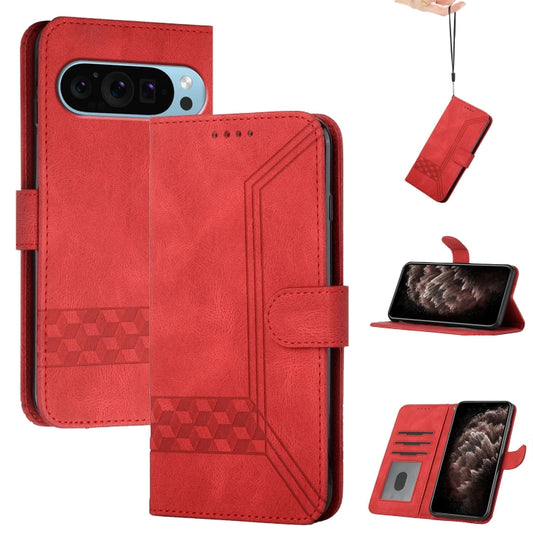 For Google Pixel 9 Pro Cubic Skin Feel Flip Leather Phone Case(Red) - Google Cases by buy2fix | Online Shopping UK | buy2fix