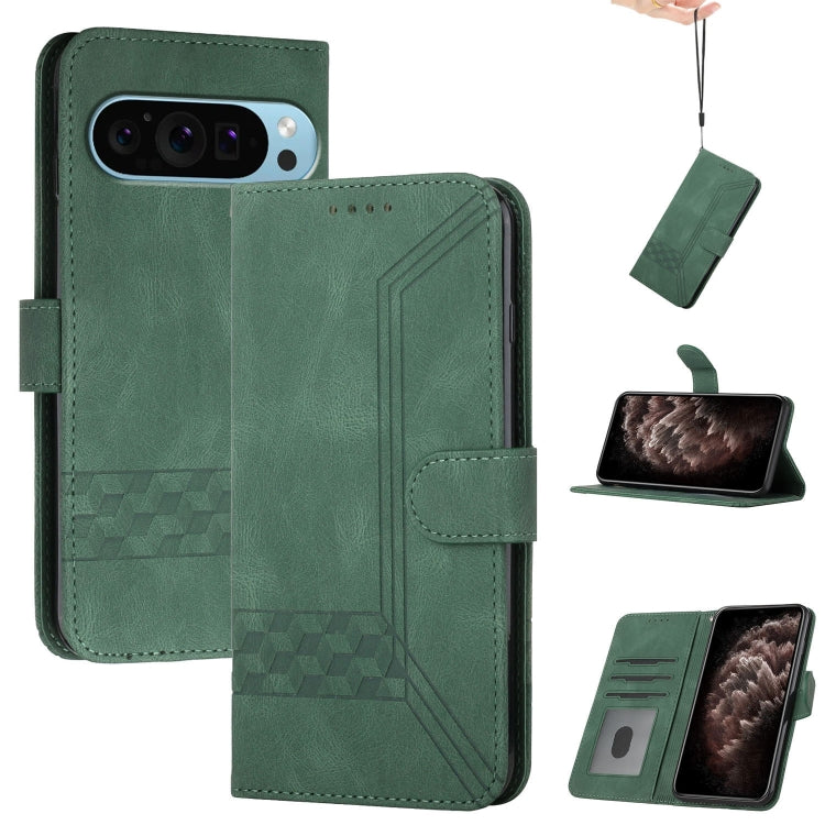 For Google Pixel 9 Cubic Skin Feel Flip Leather Phone Case(Green) - Google Cases by buy2fix | Online Shopping UK | buy2fix