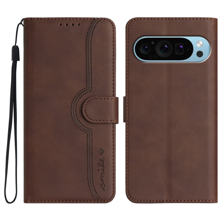 For Google Pixel 9 Heart Pattern Skin Feel Leather Phone Case(Brown) - Google Cases by buy2fix | Online Shopping UK | buy2fix