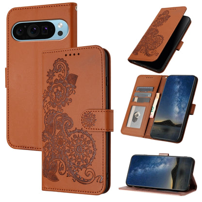 For Google Pixel 9 Pro Datura Flower Embossed Flip Leather Phone Case(Brown) - Google Cases by buy2fix | Online Shopping UK | buy2fix