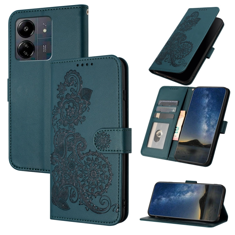 For Xiaomi Redmi 13C Datura Flower Embossed Flip Leather Phone Case(Dark Green) - 13C Cases by buy2fix | Online Shopping UK | buy2fix