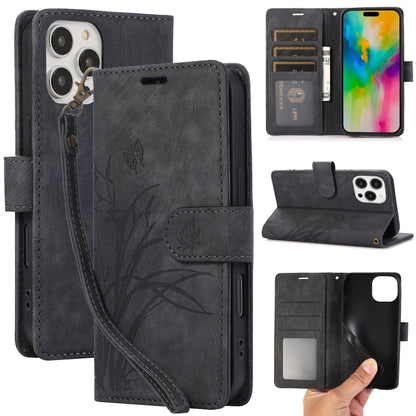 For iPhone 16 Pro Max Orchid Butterfly Embossed Leather Phone Case(Black) - iPhone 16 Pro Max Cases by buy2fix | Online Shopping UK | buy2fix