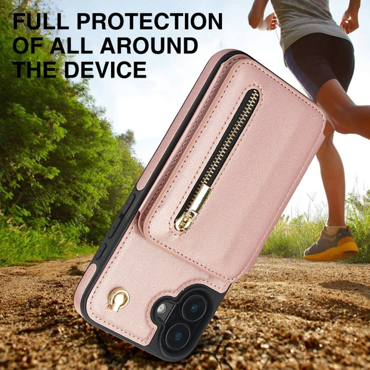 For iPhone 16 Plus YM006 Skin Feel Zipper Card Bag Phone Case with Dual Lanyard(Rose Gold) - iPhone 16 Plus Cases by buy2fix | Online Shopping UK | buy2fix