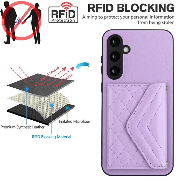 For Samsung Galaxy S23 FE 5G Rhombic Texture Card Bag RFID Phone Case with Long Lanyard(Light Purple) - Galaxy S23 FE 5G Cases by buy2fix | Online Shopping UK | buy2fix