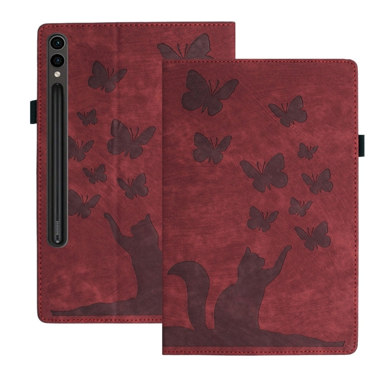 For Samsung Galaxy Tab S9 FE+ / S9+ / S8+ Butterfly Cat Embossing Leather Tablet Case(Red) - Galaxy Tab S9+ Cases by buy2fix | Online Shopping UK | buy2fix