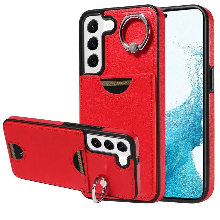 For Samsung Galaxy S22 5G Calf Texture Card Slot Ring Holder Phone Case(Red) - Galaxy S22 5G Cases by buy2fix | Online Shopping UK | buy2fix