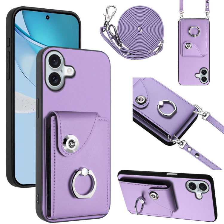 For iPhone 16 Plus Organ Card Bag Ring Holder Phone Case with Long Lanyard(Purple) - iPhone 16 Plus Cases by buy2fix | Online Shopping UK | buy2fix