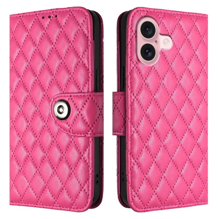 For iPhone 16 Rhombic Texture Flip Leather Phone Case with Lanyard(Rose Red) - iPhone 16 Cases by buy2fix | Online Shopping UK | buy2fix