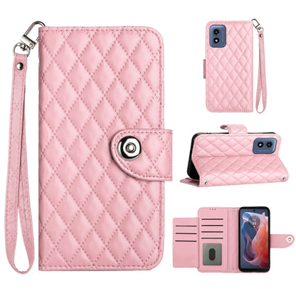 For Motorola Moto G Play 4G 2024 Rhombic Texture Flip Leather Phone Case with Lanyard(Pink) - Motorola Cases by buy2fix | Online Shopping UK | buy2fix