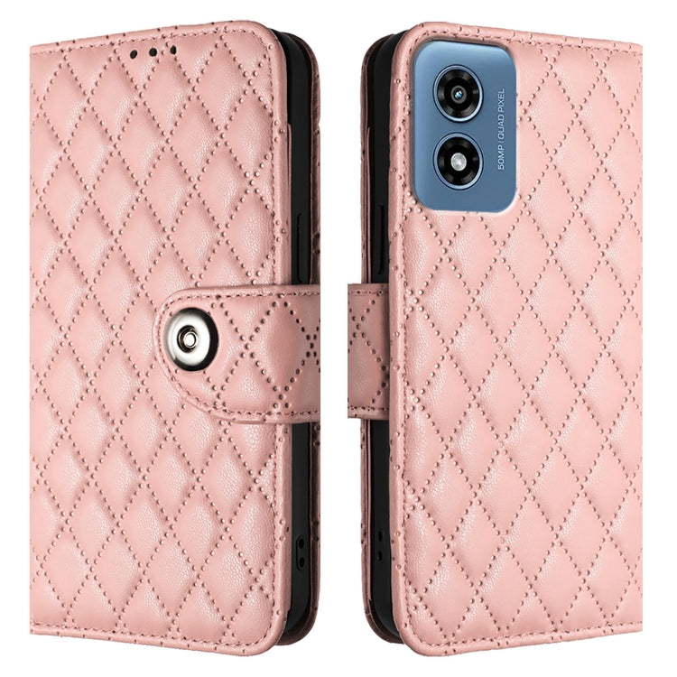 For Motorola Moto G Play 5G 2024 Rhombic Texture Flip Leather Phone Case with Lanyard(Coral Pink) - Motorola Cases by buy2fix | Online Shopping UK | buy2fix