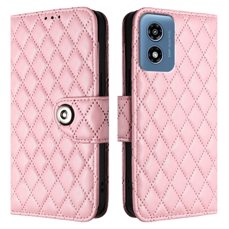 For Motorola Moto G Play 5G 2024 Rhombic Texture Flip Leather Phone Case with Lanyard(Pink) - Motorola Cases by buy2fix | Online Shopping UK | buy2fix