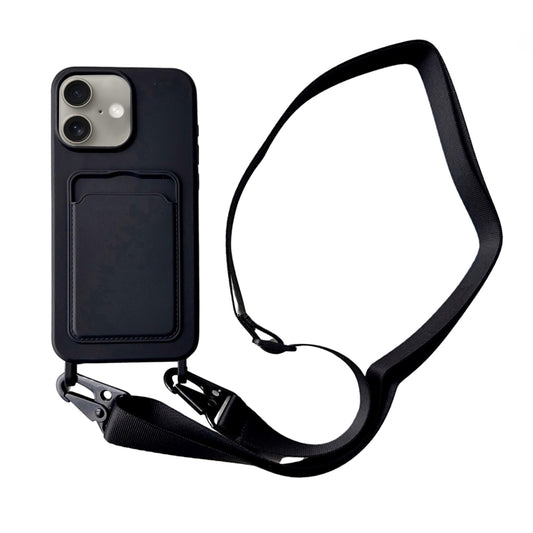 For iPhone 16 Plus Card Slot Liquid Silicone Phone Case with Lanyard(Black) - iPhone 16 Plus Cases by buy2fix | Online Shopping UK | buy2fix