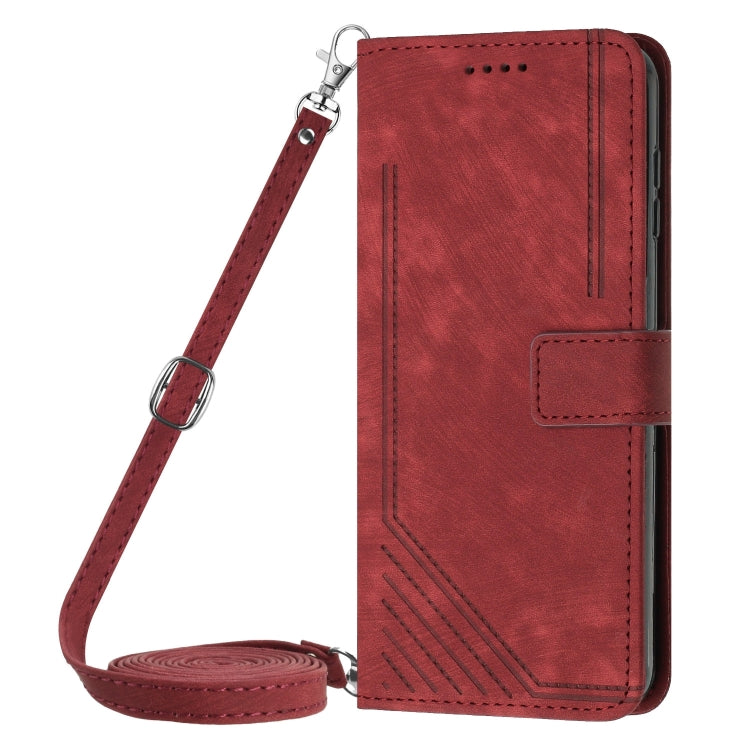 For Motorola Moto G Stylus 5G 2024 Skin Feel Stripe Pattern Leather Phone Case with Long Lanyard(Red) - Motorola Cases by buy2fix | Online Shopping UK | buy2fix