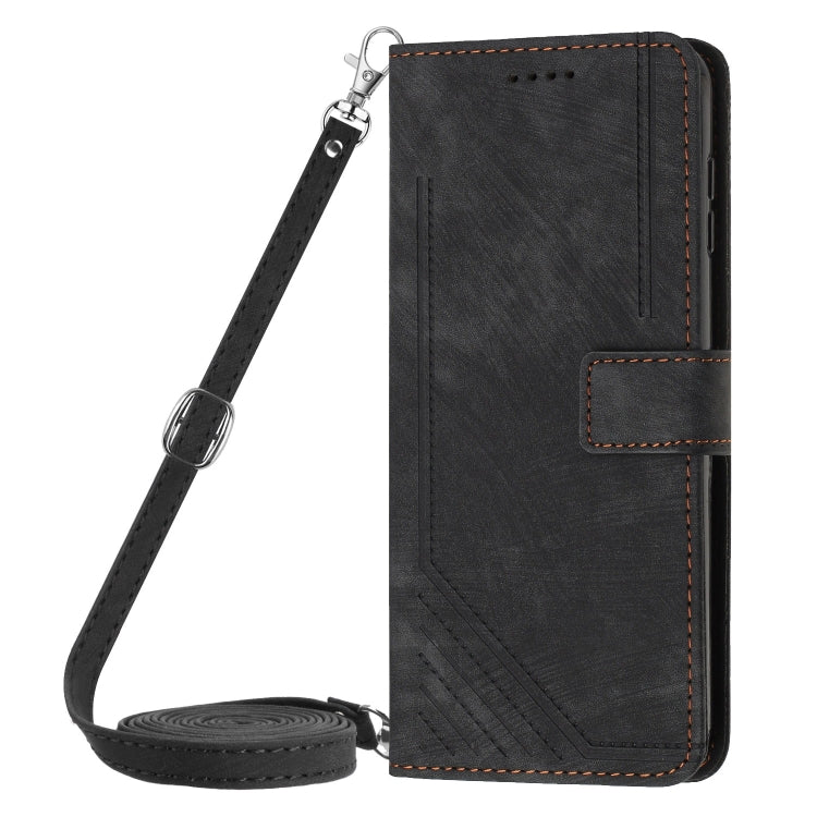 For Motorola Moto G Stylus 5G 2024 Skin Feel Stripe Pattern Leather Phone Case with Long Lanyard(Black) - Motorola Cases by buy2fix | Online Shopping UK | buy2fix