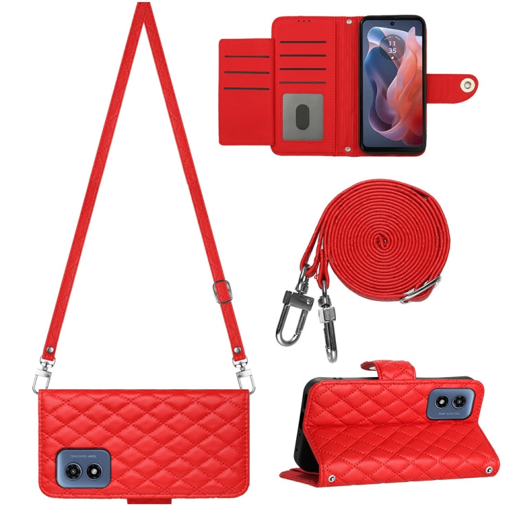 For Motorola Moto G Play 4G 2024 Rhombic Texture Flip Leather Phone Case with Long Lanyard(Red) - Motorola Cases by buy2fix | Online Shopping UK | buy2fix