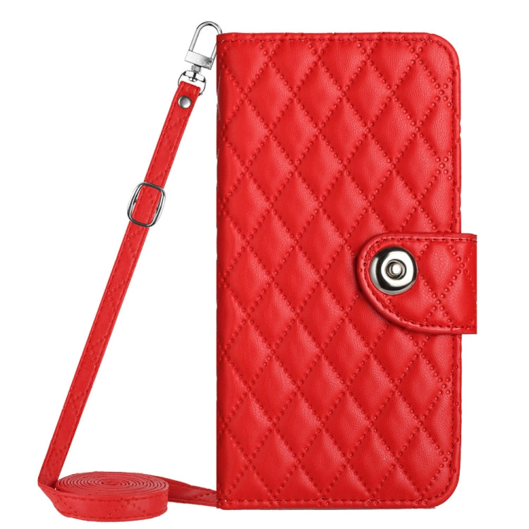 For Motorola Moto G Play 4G 2024 Rhombic Texture Flip Leather Phone Case with Long Lanyard(Red) - Motorola Cases by buy2fix | Online Shopping UK | buy2fix