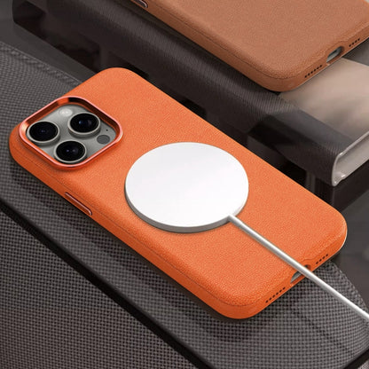 For iPhone 15 Pro Metal Lens Frame Leather Magsafe Full Coverage Shockproof Phone Case(Orange) - iPhone 15 Pro Cases by buy2fix | Online Shopping UK | buy2fix