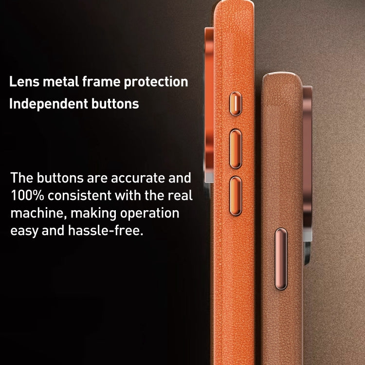 For iPhone 15 Pro Metal Lens Frame Leather Magsafe Full Coverage Shockproof Phone Case(Orange) - iPhone 15 Pro Cases by buy2fix | Online Shopping UK | buy2fix