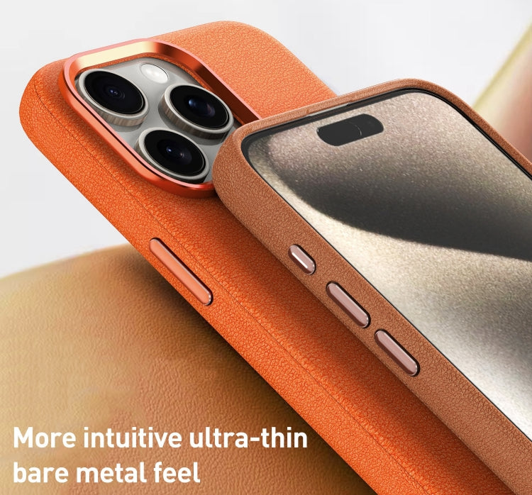 For iPhone 14 Plus Metal Lens Frame Leather Magsafe Full Coverage Shockproof Phone Case(Orange) - iPhone 14 Plus Cases by buy2fix | Online Shopping UK | buy2fix