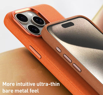 For iPhone 12 Metal Lens Frame Leather Magsafe Full Coverage Shockproof Phone Case(Brown) - iPhone 12 / 12 Pro Cases by buy2fix | Online Shopping UK | buy2fix