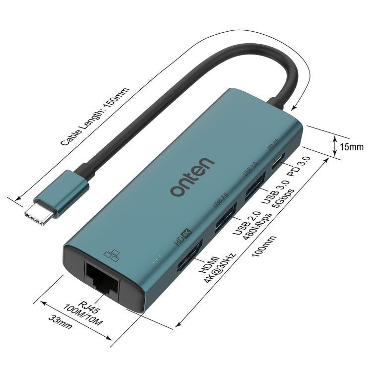 Onten UC125 5 in 1 USB-C / Type-C to HDMI+USB3.0+PD3.0 Multi-function HUB with 100Mbps Network Card - USB HUB by Onten | Online Shopping UK | buy2fix