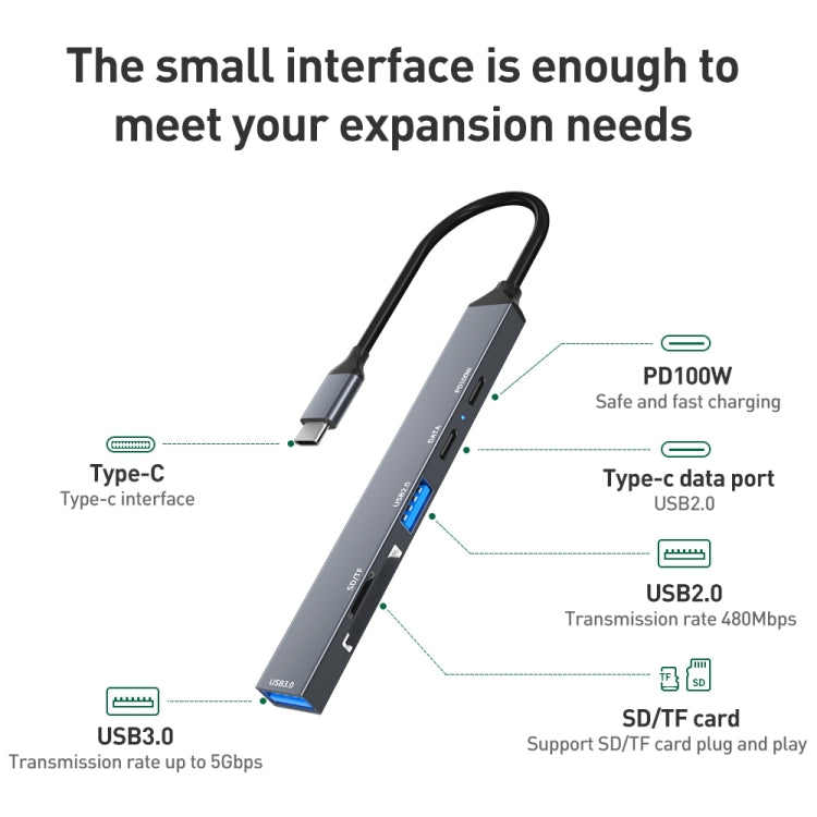 ADS-807 PD100 6 in 1 Type-C to PD100W + USB3.0 + USB2.0 + SD/TF HUB Docking Station(Space Grey) - USB HUB by buy2fix | Online Shopping UK | buy2fix