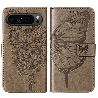 For Google Pixel 9 Pro Embossed Butterfly Leather Phone Case(Grey) - Google Cases by buy2fix | Online Shopping UK | buy2fix