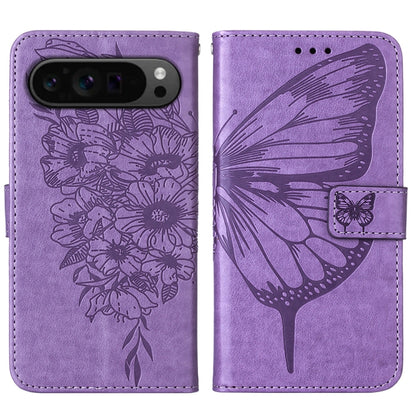 For Google Pixel 9 Pro Embossed Butterfly Leather Phone Case(Purple) - Google Cases by buy2fix | Online Shopping UK | buy2fix