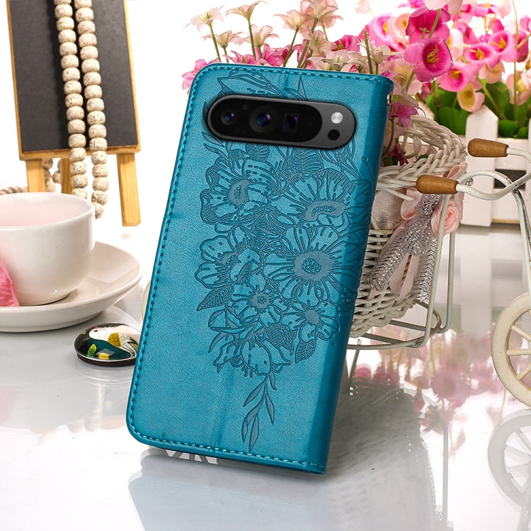 For Google Pixel 9 Pro Embossed Butterfly Leather Phone Case(Blue) - Google Cases by buy2fix | Online Shopping UK | buy2fix