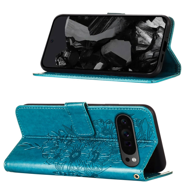 For Google Pixel 9 Pro Embossed Butterfly Leather Phone Case(Blue) - Google Cases by buy2fix | Online Shopping UK | buy2fix