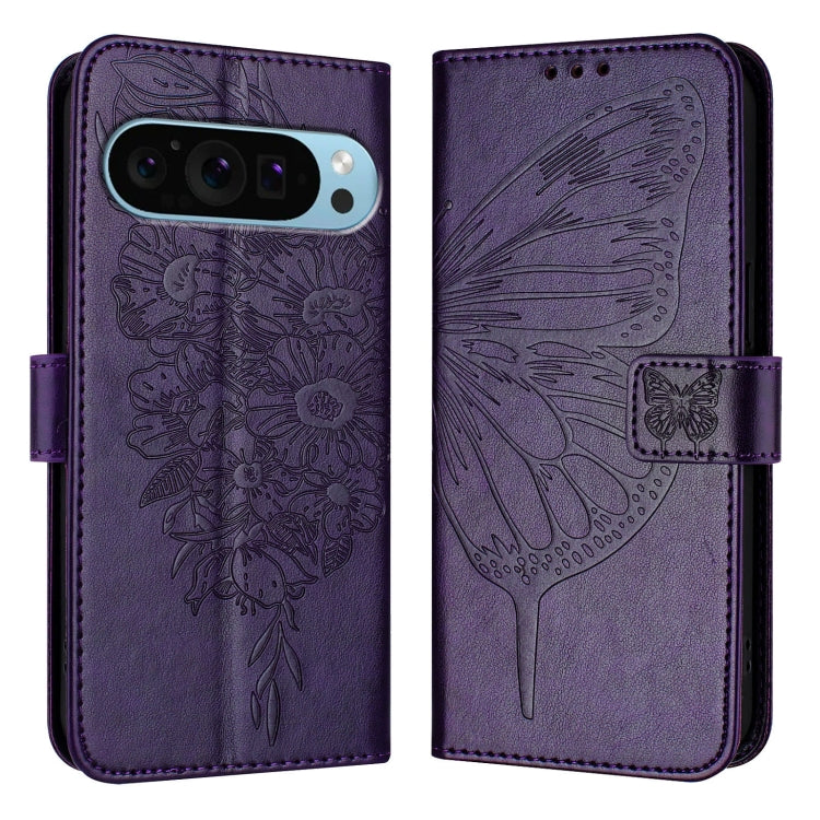 For Google Pixel 9 Pro XL Embossed Butterfly Leather Phone Case(Dark Purple) - Google Cases by buy2fix | Online Shopping UK | buy2fix