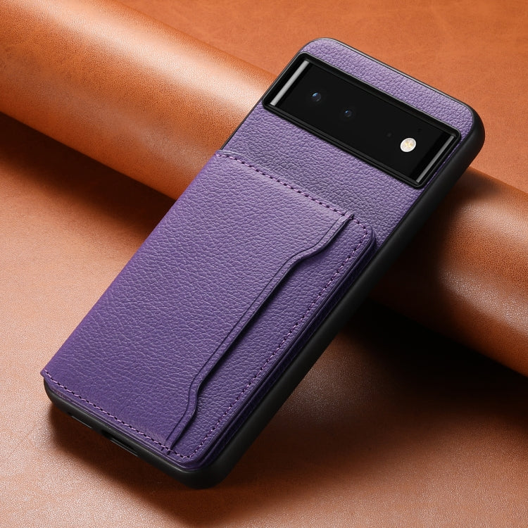 For Google Pixel 6 Calf Texture Card Bag Design Full Coverage Phone Case(Purple) - Google Cases by buy2fix | Online Shopping UK | buy2fix