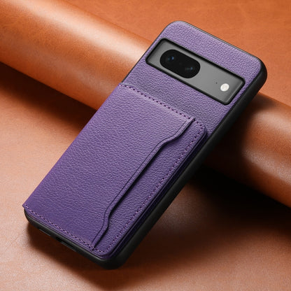 For Google Pixel 7 5G Calf Texture Card Bag Design Full Coverage Phone Case(Purple) - Google Cases by buy2fix | Online Shopping UK | buy2fix