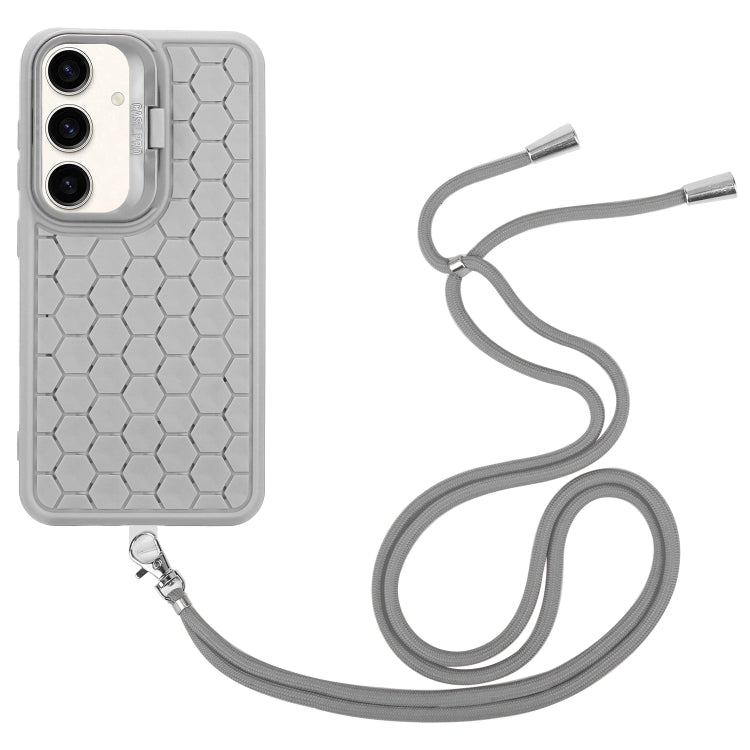 For Samsung Galaxy S24 5G Honeycomb Radiating Lens Holder Magsafe Phone Case with Lanyard(Grey) - Galaxy S24 5G Cases by buy2fix | Online Shopping UK | buy2fix