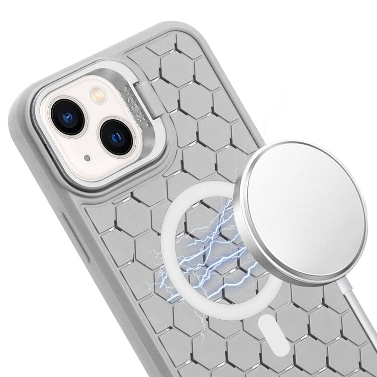 For iPhone 13 Honeycomb Radiating Lens Holder Magsafe Phone Case with Lanyard(Grey) - iPhone 13 Cases by buy2fix | Online Shopping UK | buy2fix