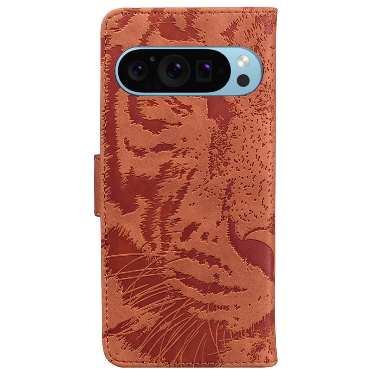 For Google Pixel 9 Tiger Embossing Pattern Flip Leather Phone Case(Brown) - Google Cases by buy2fix | Online Shopping UK | buy2fix