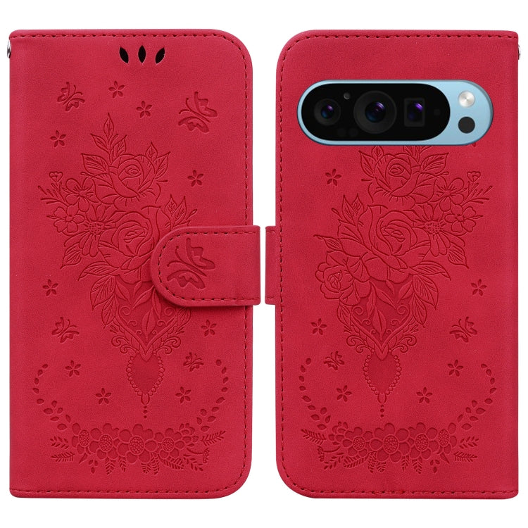 For Google Pixel 9 Pro Butterfly Rose Embossed Leather Phone Case(Red) - Google Cases by buy2fix | Online Shopping UK | buy2fix