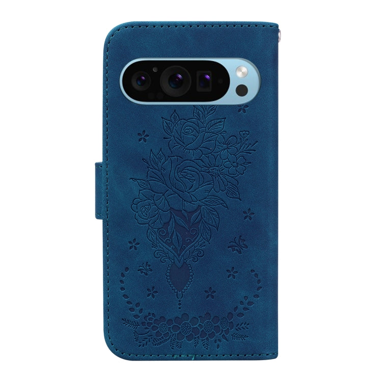 For Google Pixel 9 Butterfly Rose Embossed Leather Phone Case(Blue) - Google Cases by buy2fix | Online Shopping UK | buy2fix