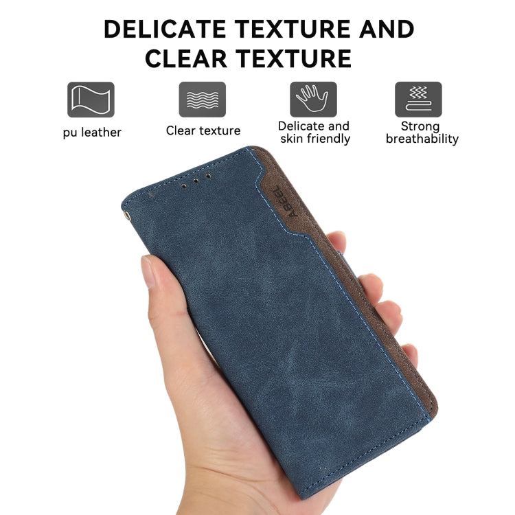 For iPhone 16 Plus ABEEL Color Block Magnetic RFID Leather Phone Case(Blue-Brown) - iPhone 16 Plus Cases by buy2fix | Online Shopping UK | buy2fix