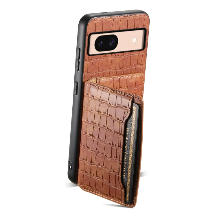 For Google Pixel 8a Crocodile Texture Card Bag Design Full Coverage Phone Case(Brown) - Google Cases by buy2fix | Online Shopping UK | buy2fix