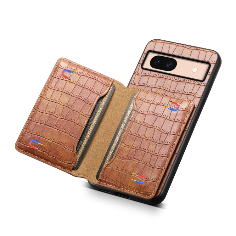 For Google Pixel 8a Crocodile Texture Card Bag Design Full Coverage Phone Case(Brown) - Google Cases by buy2fix | Online Shopping UK | buy2fix