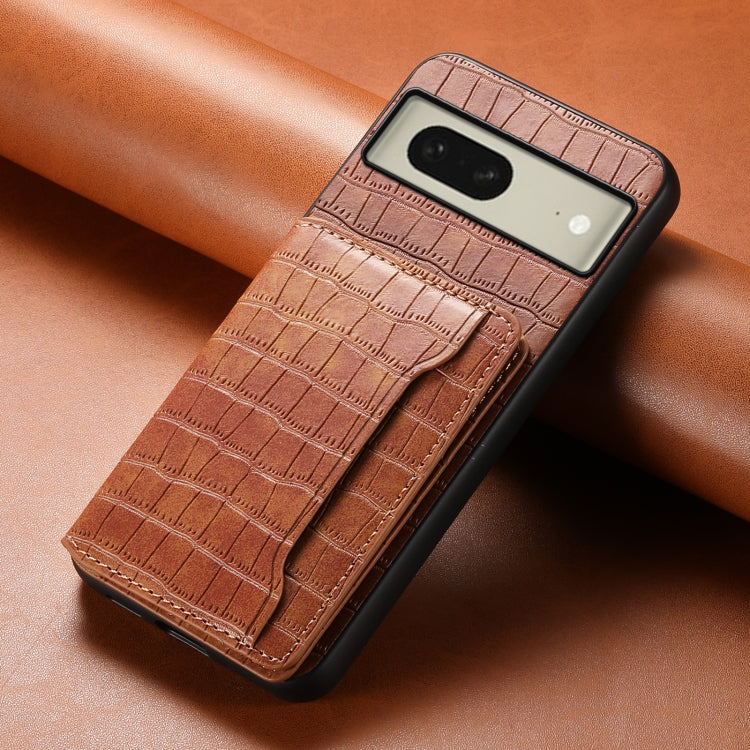 For Google Pixel 8 Crocodile Texture Card Bag Design Full Coverage Phone Case(Brown) - Google Cases by buy2fix | Online Shopping UK | buy2fix