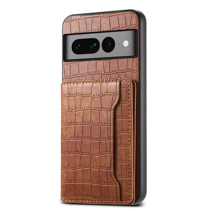 For Google Pixel 7 Pro 5G Crocodile Texture Card Bag Design Full Coverage Phone Case(Brown) - Google Cases by buy2fix | Online Shopping UK | buy2fix