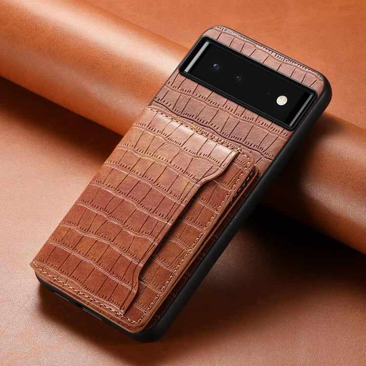 For Google Pixel 6 Crocodile Texture Card Bag Design Full Coverage Phone Case(Brown) - Google Cases by buy2fix | Online Shopping UK | buy2fix